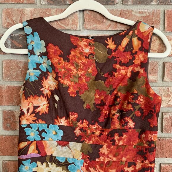 Kay Unger Women's Floral Brown Silk Wool Blend 2 Pleated Midi A-Line Dress GUC - Picture 6 of 16